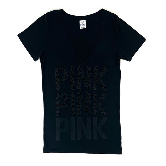 PINK Victoria’s Secret Black Velvet Cheetah Logo V-Neck Tee - Picture 1 of 7